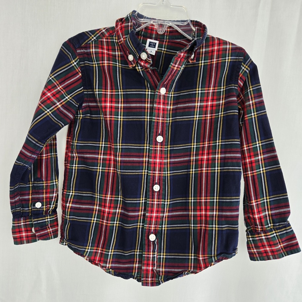 Janie And Jack Tartan Plaid Long Sleeve Button Down Shirt Red Blue Size 3 Cotton